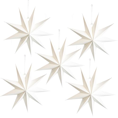 5 Pcs 9-Pointed Christmas Paper Star Lanterns 12 Inch Hanging Lampshade Wedding Birthday Christmas Home Party Decoration (White)