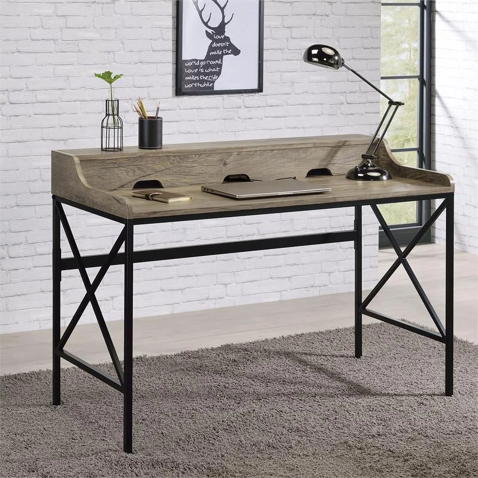 Pemberly Row Contemporary Gray Wood and Black Metal Desk with USB Port
