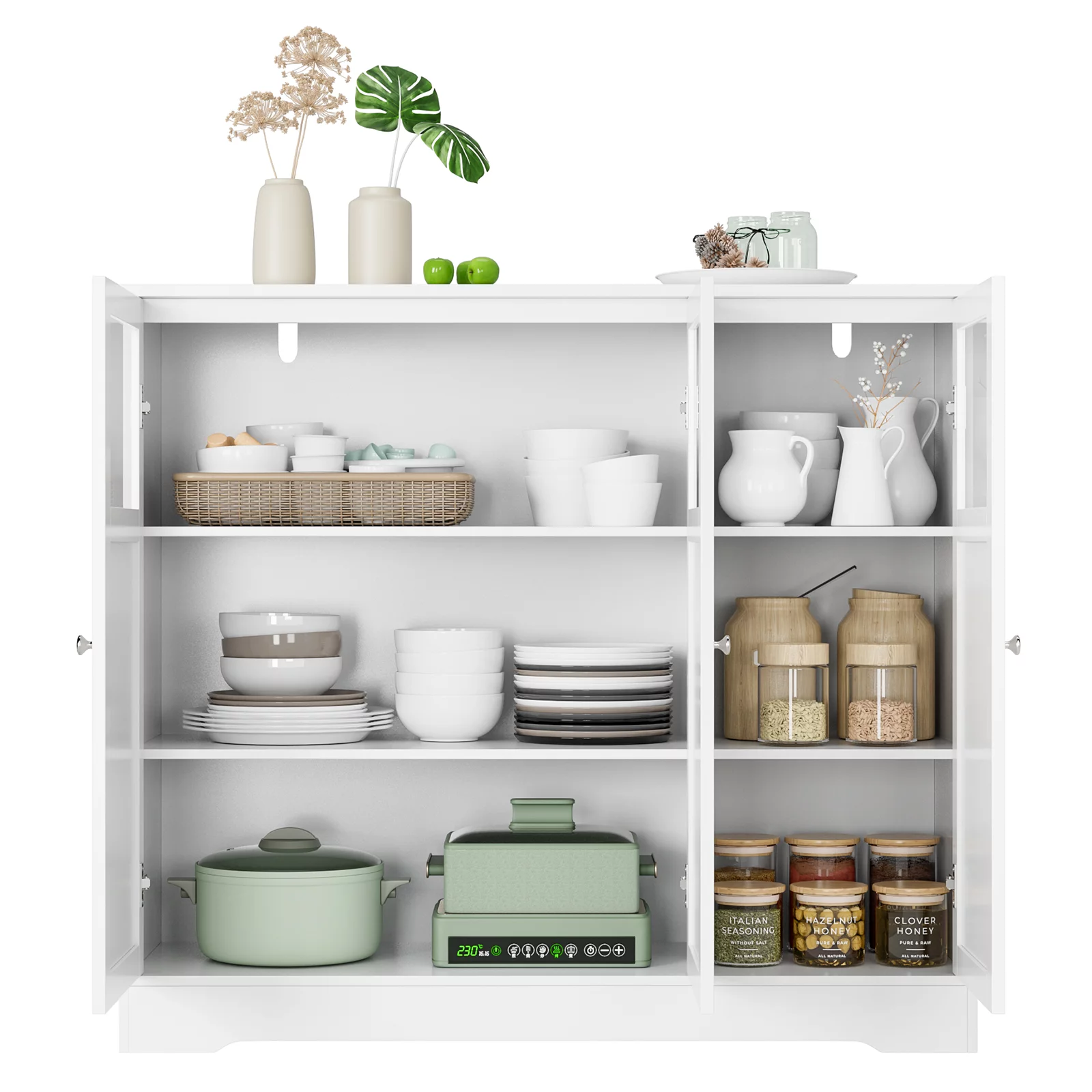 Homfa White Accent Cabinet, 37.4'' Tall Storage Sideboard Cabinet with 3 Glass Doors