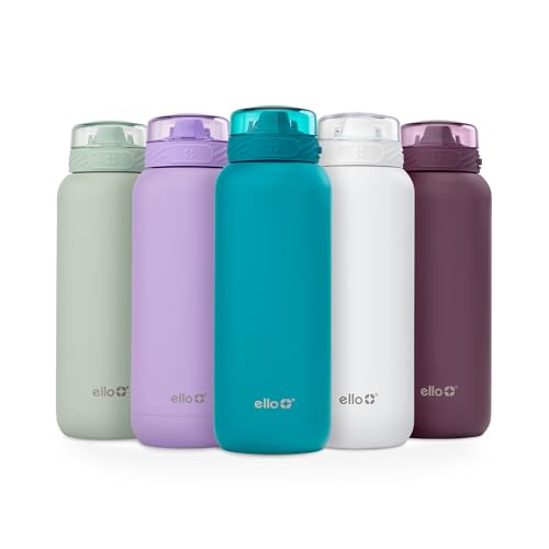 Ello Cooper 32oz Stainless Steel Water Bottle with Straw and Carry Handle, Double Walled and Vacuum Insulated Metal, Leak Proof Locking Lid with Soft Silicone Spout, Reusable, BPA Free, Yucca