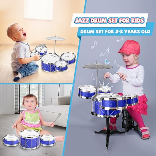 Toddler Drum Set Kids Jazz Drum Kit 8 Piece - Educational Percussion Musical Instruments Toy Playset Christmas Birthday Gift for Boys Girls, Blue
