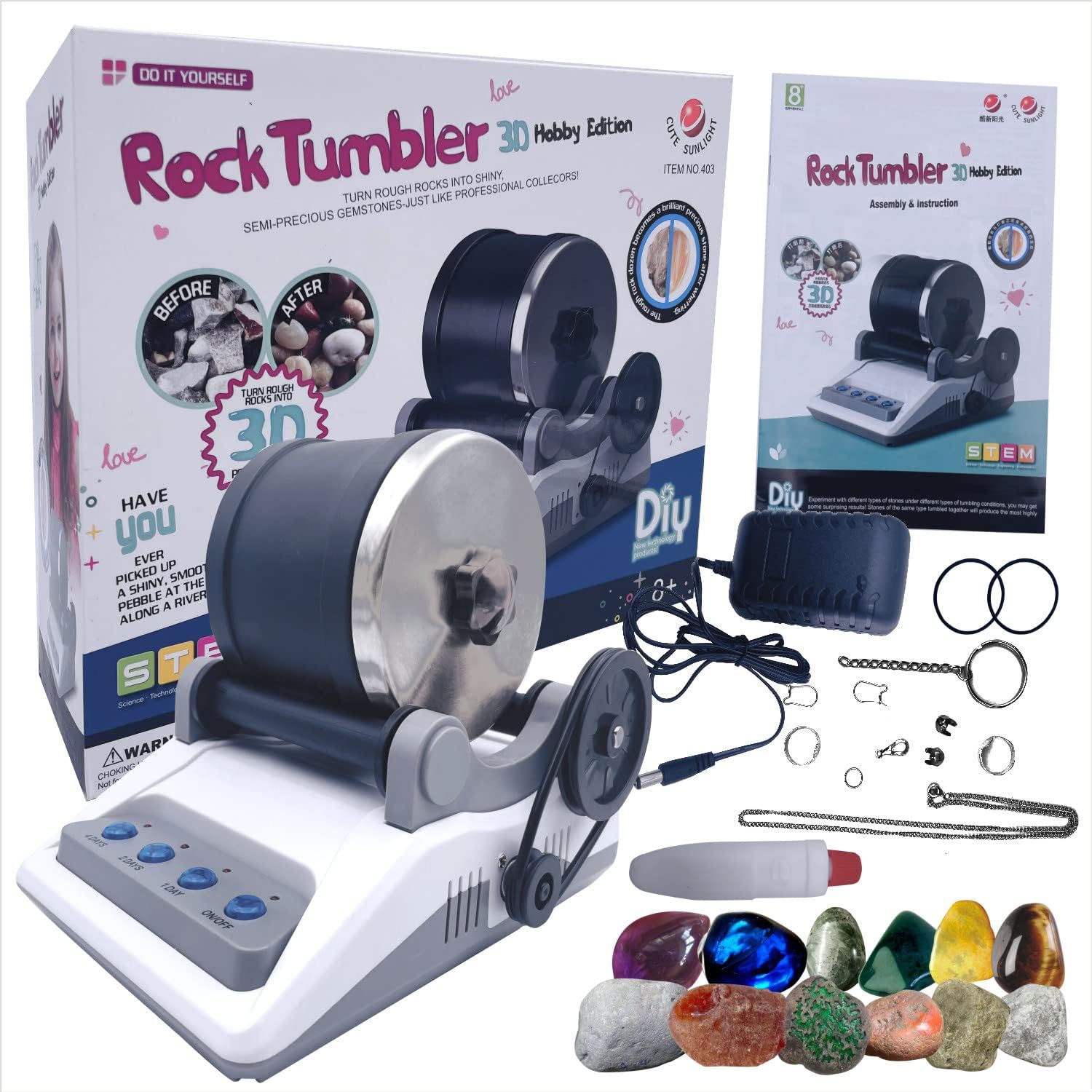 Rock Polisher Tumbler Kit-1 Bag of Rough Stones-4 Types of Polishing Sands-Jewelry Fasteners-Wear Resistant, Low Noise Rock Tumbler Supplies-Educational Stem Science Kits