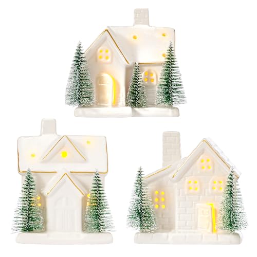 WDS WONDROUS Ceramic Christmas Village House Set Decor- Set of 3 Light Up Christmas Houses, White Lighted House Figurines with Green Pine Trees, Tabletop Xmas Decor for Home Farmhouse, Winter Holiday