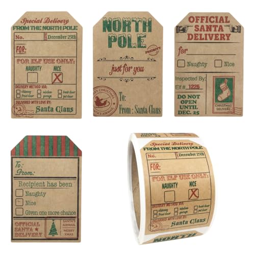 Natural Kraft from Santa Claus Gift Tag Stickers – 2 x 3 Inch Holiday Labels, Roll of 100 – Rustic Christmas Tags for Wrapping Presents, Made in The USA