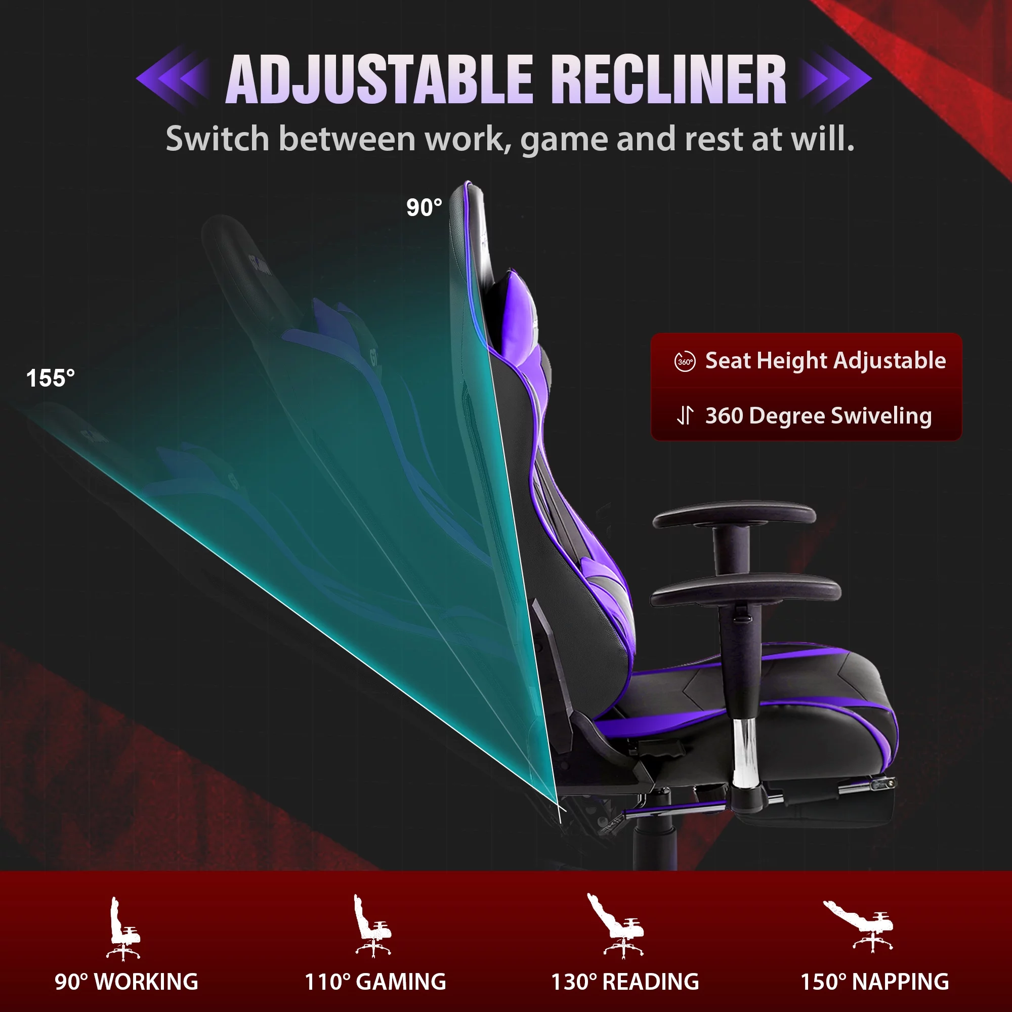 GTRACING Gaming Chair with Footrest PU Leather Office Chair with Adjustable Headrest, Purple