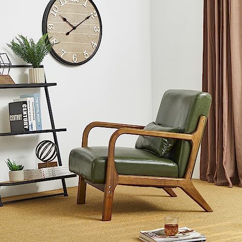 Glitzhome 2 Set Mid Century Black Accent Armchair, Single Reading Armchair PU Leather Lounge Chair with Walnut Ruberwood Frame