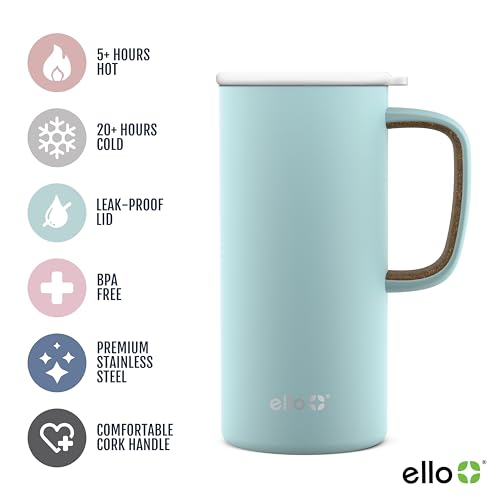 Ello Campy Vacuum Insulated Travel Mug with Leak-Proof Slider Lid and Comfy Carry Handle, Perfect for Coffee or Tea, BPA Free, Avalon Sea, 18oz
