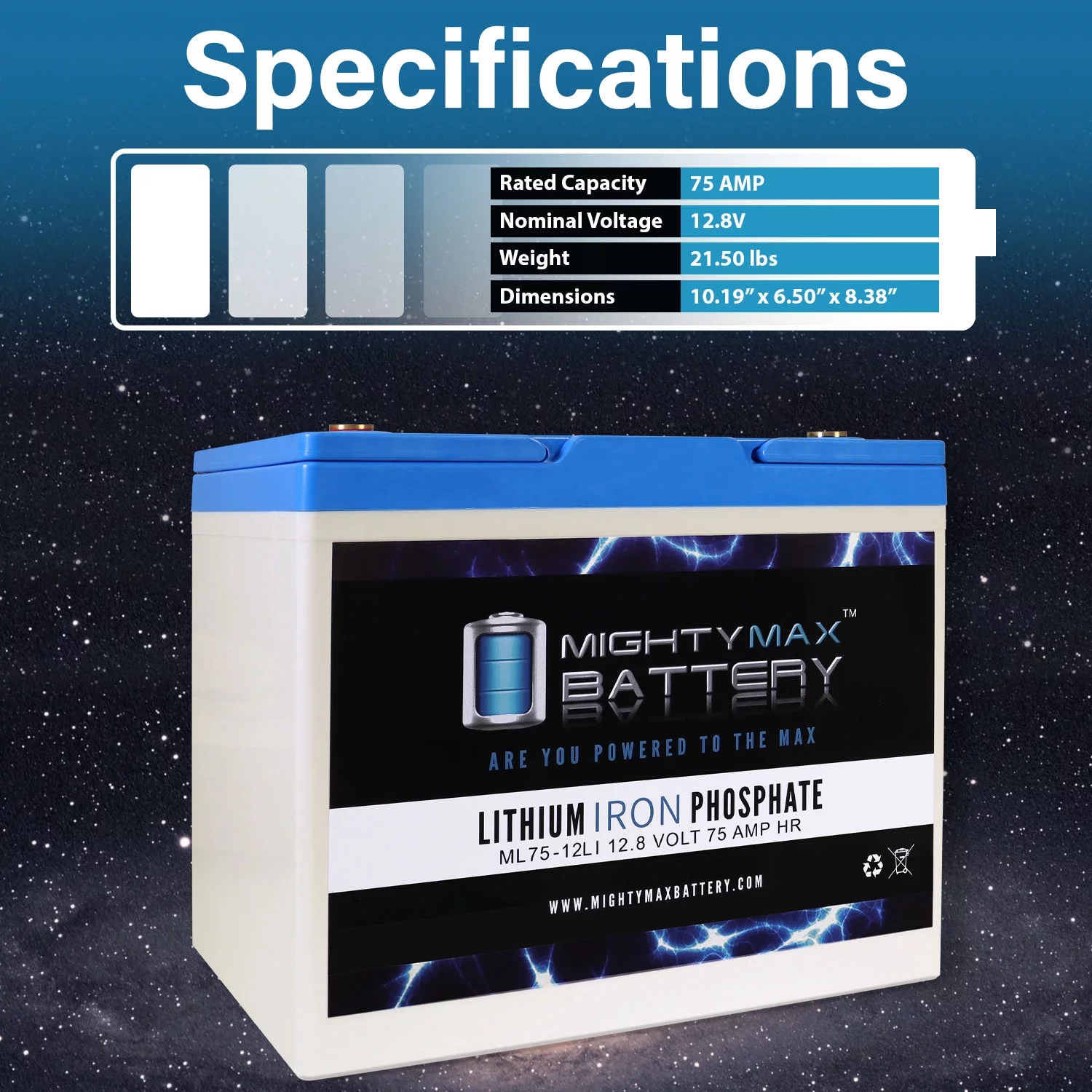 12V 75AH Lithium Replacement Battery compatible with Exide ST24MS525 - 3 Pack