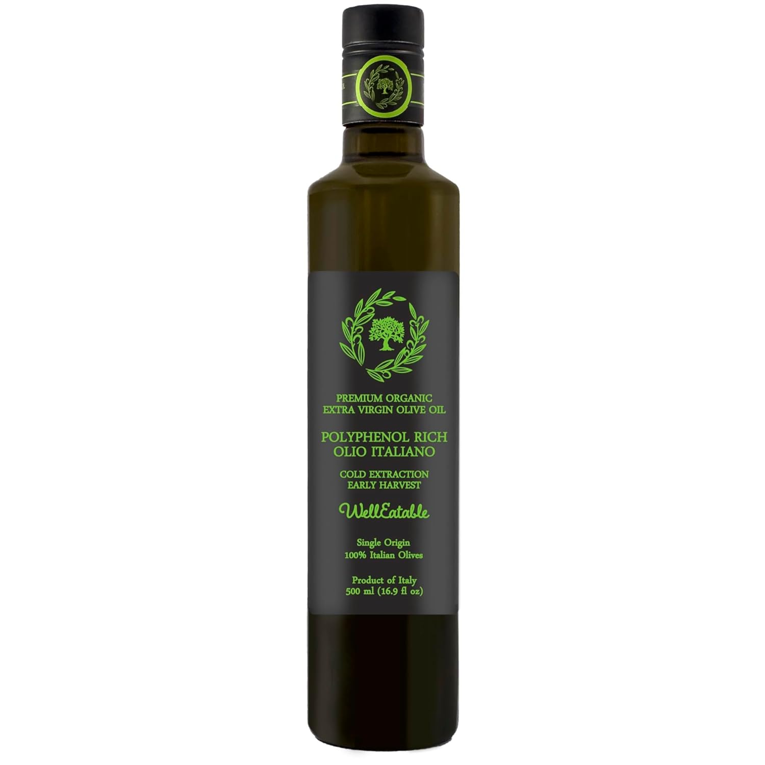 Polyphenol Rich (+800mg/kg) 2023 Fresh Harvest Olio Italiano | Organic Olive Oil, Extra Virgin from Italy, Lab Tested Nutritional Values, Early Harvest | 16.9 fl oz