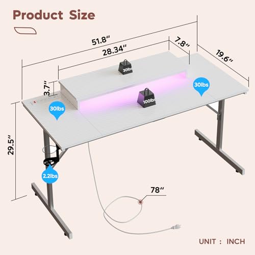 Bestier 52 inch Gaming Desk with Power Outlets and USB Charging Ports, Sturdy Computer Desk with LED Lights and Monitor Stand, Computer Table for Home Office, Easy to Assemble, Carbon Fiber Black