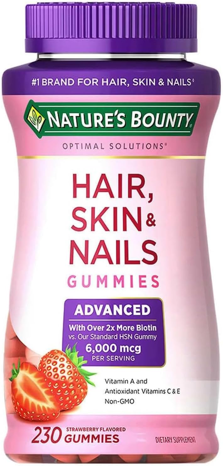 Nature S Bounty Hair, Skin and Nails Advanced, 230 Gummies - 6,000 mcg Biotin, Vitamin C & E, Strawberry Flavor, Gluten Free, Lactose Free, Non-GMO