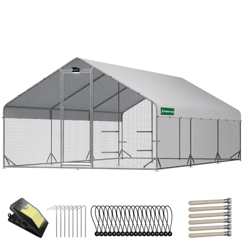 Large Walk-in Metal Chicken Coop with Chicken Run & Hardware Cloth, Solar Light, Waterproof & UV-Resistant Cover, Outdoor Poultry Cage for Farm Use,2 Room