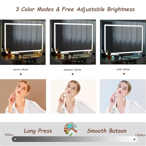 Vanity Desk with Mirror and Lights, Makeup Vanity Table with Drawers, Storage Stool, 41