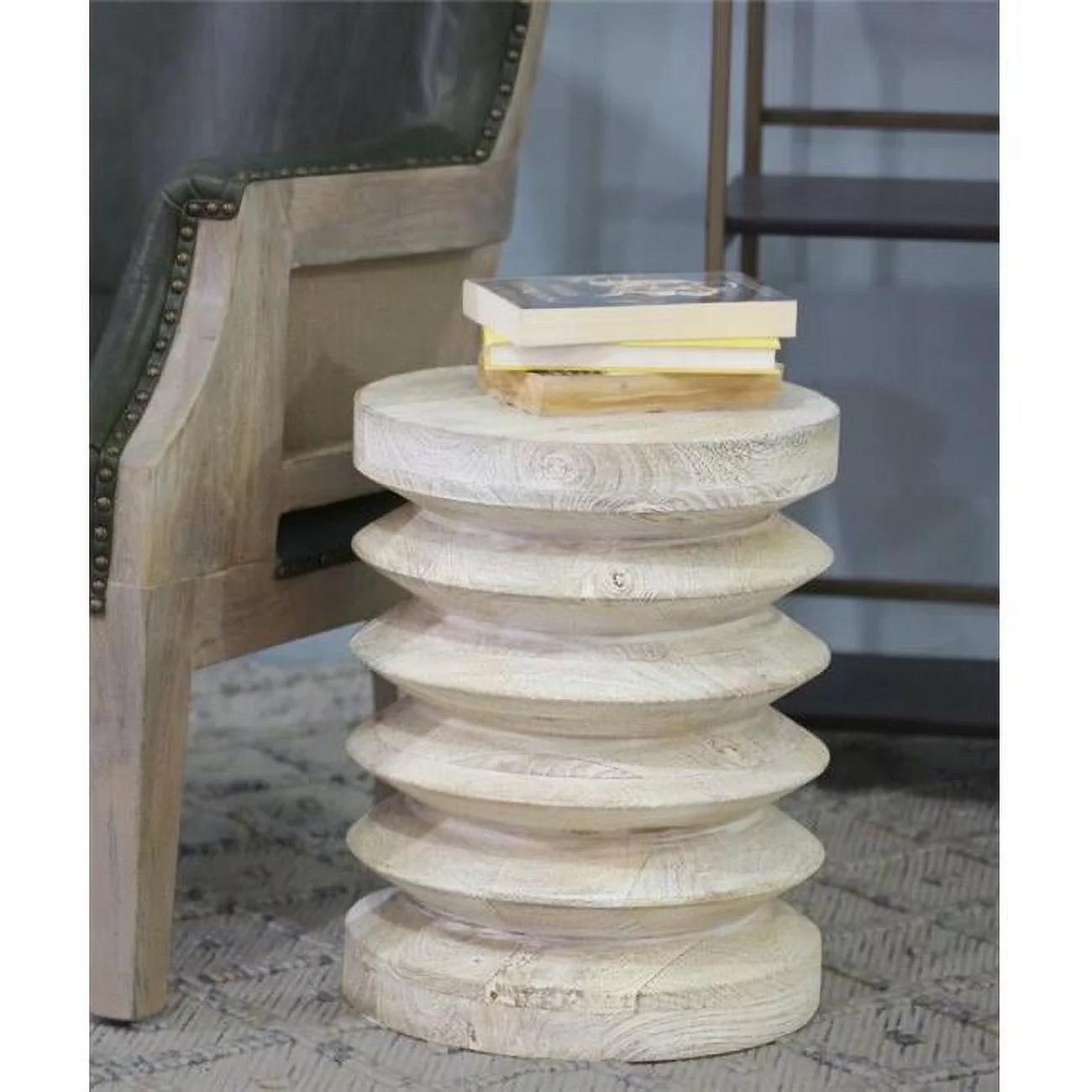 HomeRoots 476481 Modern Natural Mango Accordian Style Wood Side Table, Whitewash