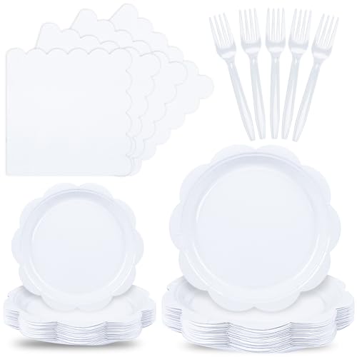 400 Pcs Ivory Paper Plates and Napkins Set Party Supplies, Tableware set for 50 Guest include Disposable Ivory Scalloped Plates Napkins Knives Forks Spoons Cups for Baby Shower Bridal Shower Wedding