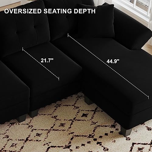 Belffin Velvet Sectional Couch L Shaped Sofa 4 Seater Sofa with Chaise L-Shaped Couches Convertible Sectional Sofa Black