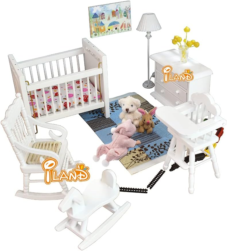 iLAND Dollhouse Furniture for Dollhouse Bedroom incl Hobbyhorse and Rocking Chair, Lovely Dollhouse Baby Room w/ Dollhouse Accessories on 1/12 Scale (Lovely Miniature Furniture w/ Accessories 14pcs)
