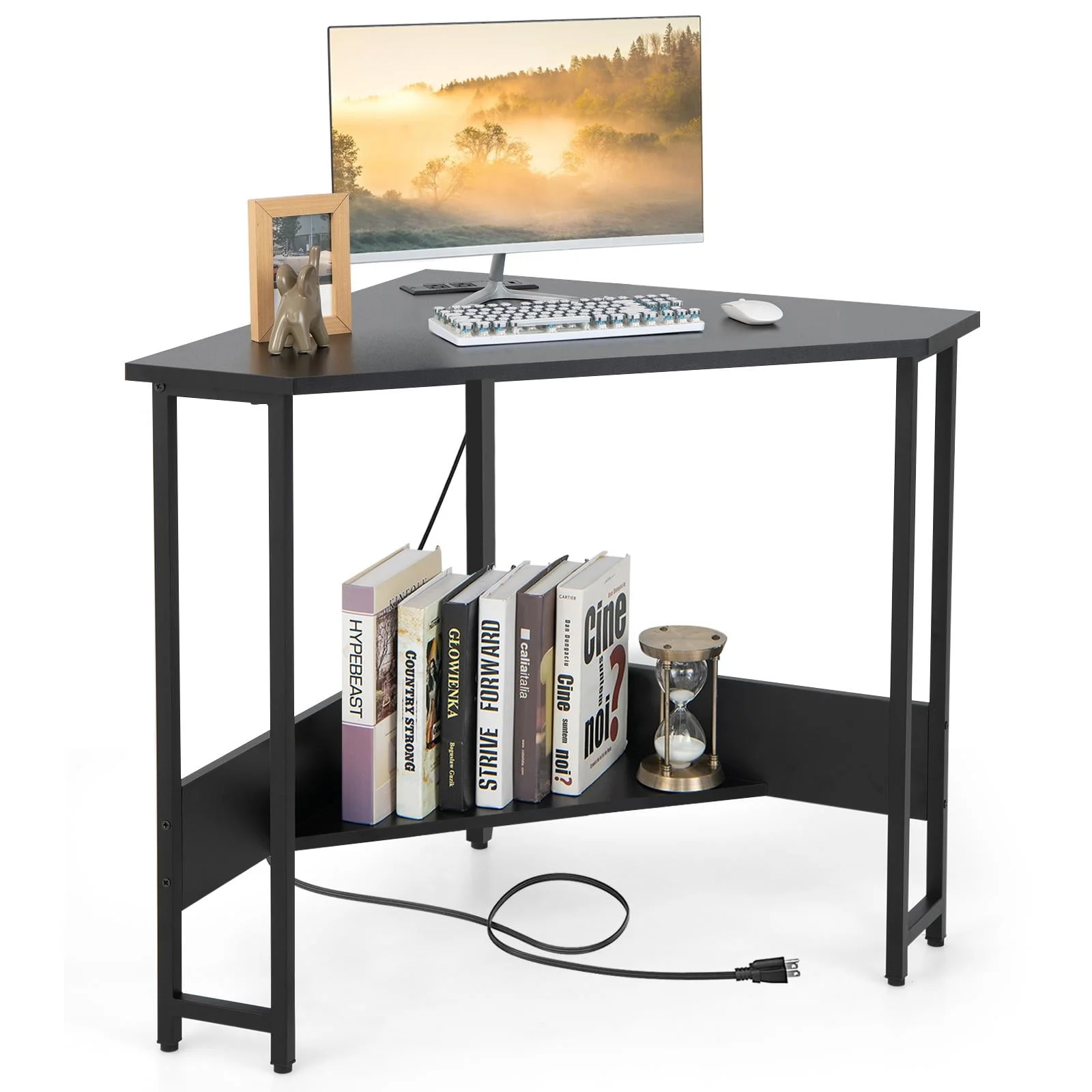 Giantex Corner Desk w/Power Outlet, 90-degree Triangle Computer Desk for Small Space, Space-saving Writing Desk, Laptop PC Desk for Home Office, Black