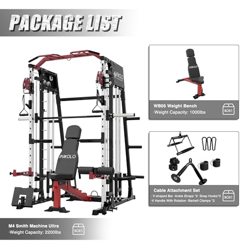 Mikolo Smith Machine, 2200lbs Squat Rack with LAT-Pull Down System & Cable Crossover Machine, Training Equipment with Leg Hold-Down Attachment