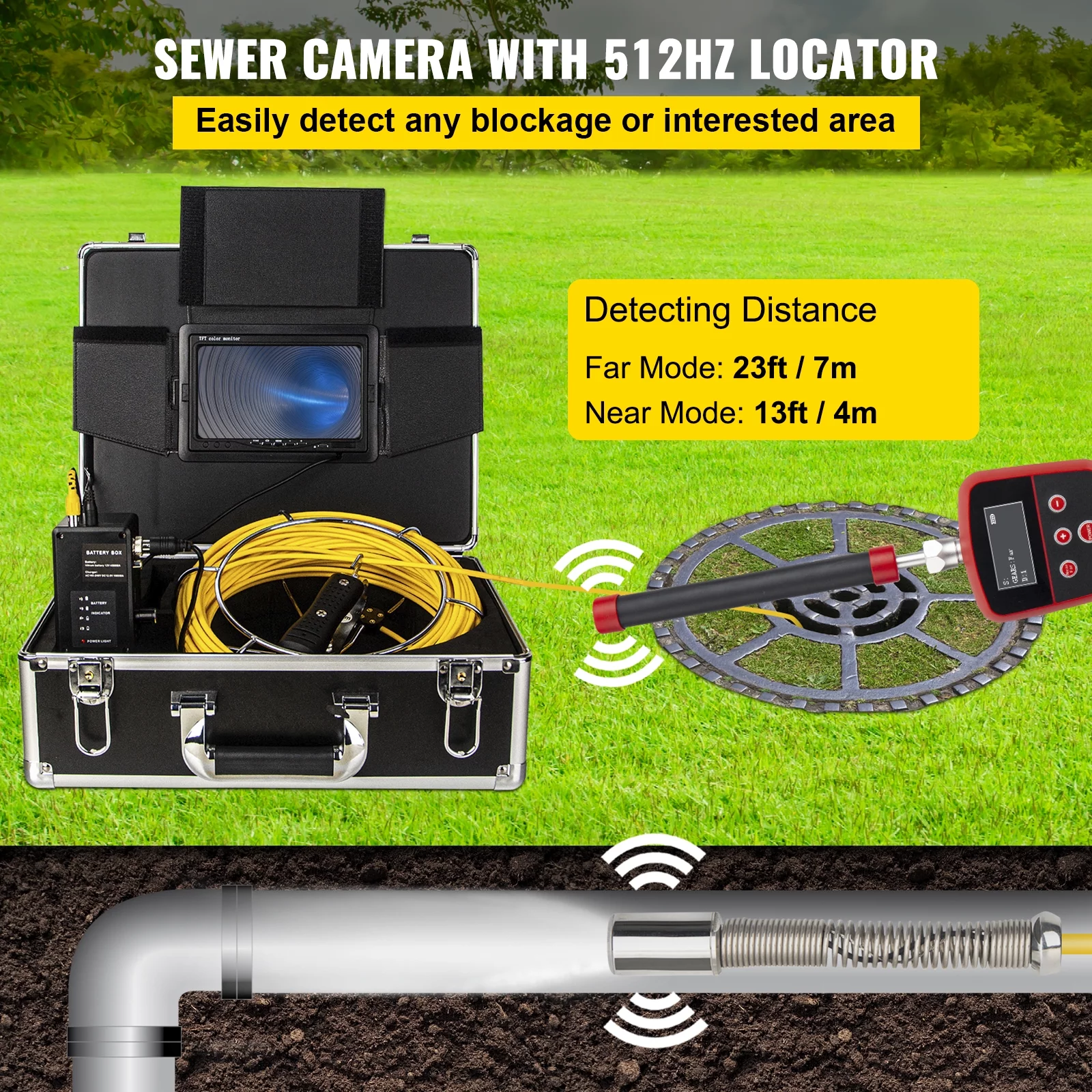 VEVOR Sewer Camera with Locator, 165' Cable, Drain Camera w/ 512Hz Sonde Transmitter & Receiver, Waterproof IP68 Sewer Video Inspection Equipment w/ 16 GB SD Card, 1200TVL 7