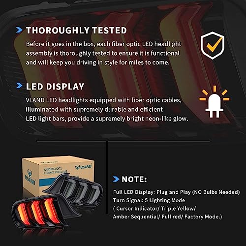 VLAND LED Rear Lights Compatible with Mustang 2015-2023 w/Sequential Amber/Red Turn Signal (5 Lighting Modes Switchable), Transparent Lens Taillight Assembly, Passenger&Driver Sides