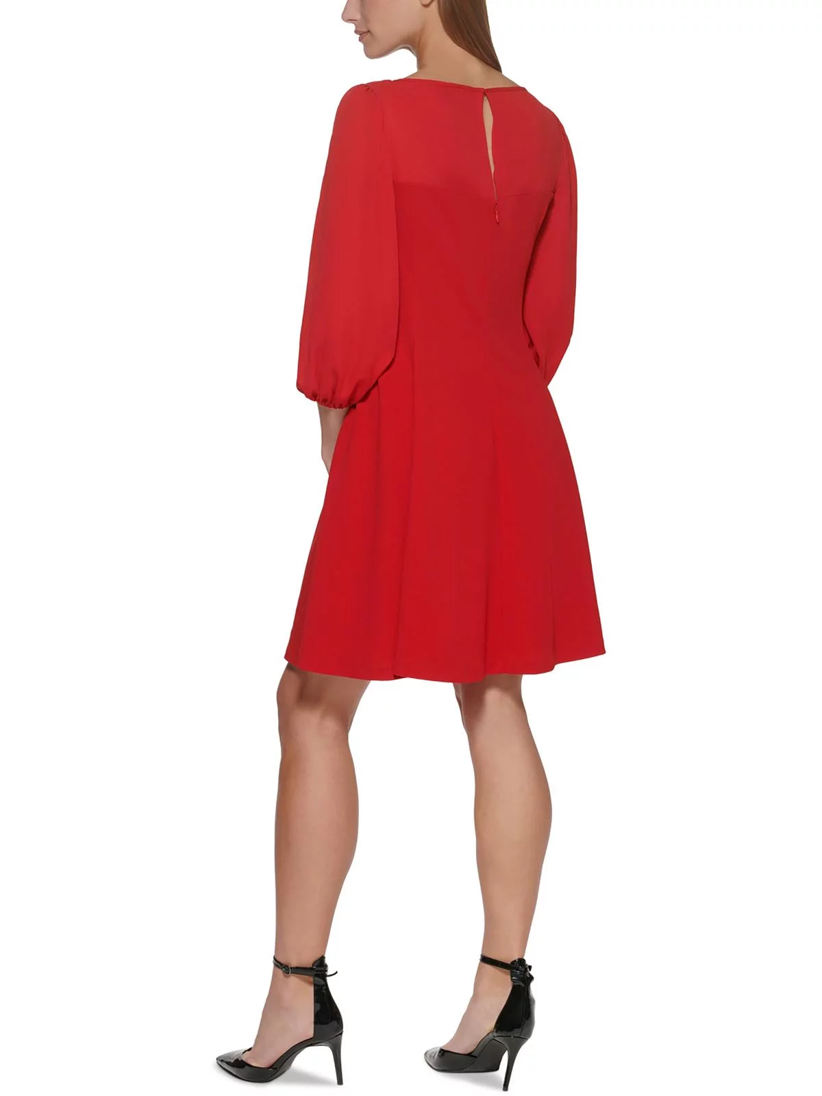 DKNY Womens Red Zippered Sheer Hook Keyhole Closure Unlined Pouf Sleeve Round Neck Above The Knee Cocktail Fit + Flare Dress 2