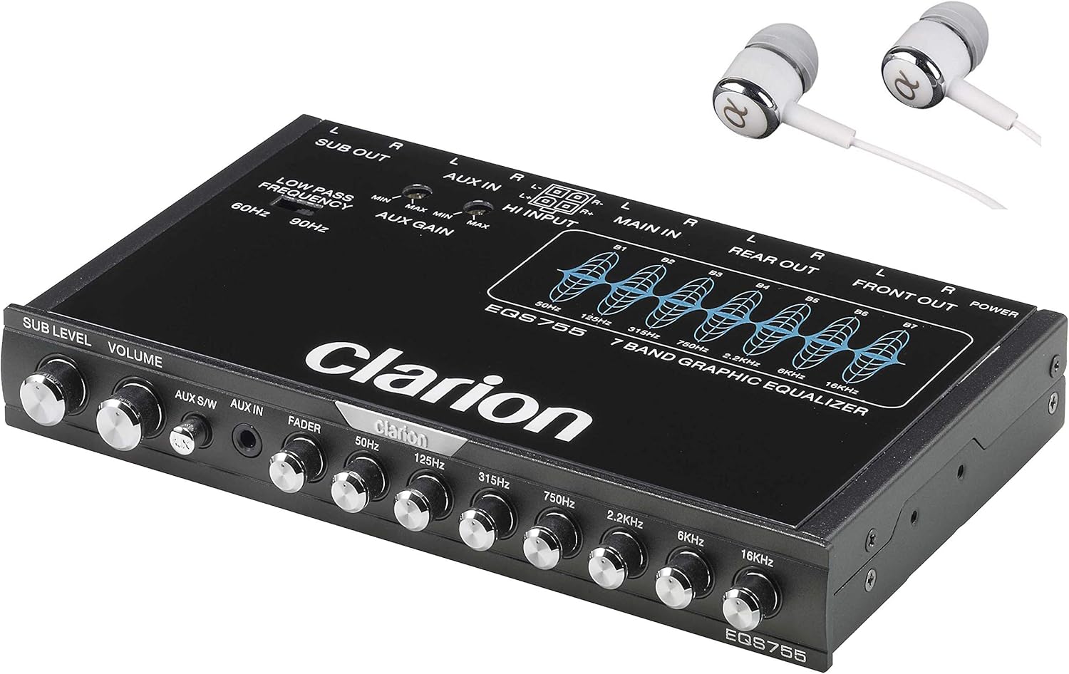 Clarion EQS755 7-Band Car Audio Graphic Equalizer with Front 3.5mm Auxiliary Input, Rear RCA Auxiliary Input and High Level Speaker Inputs