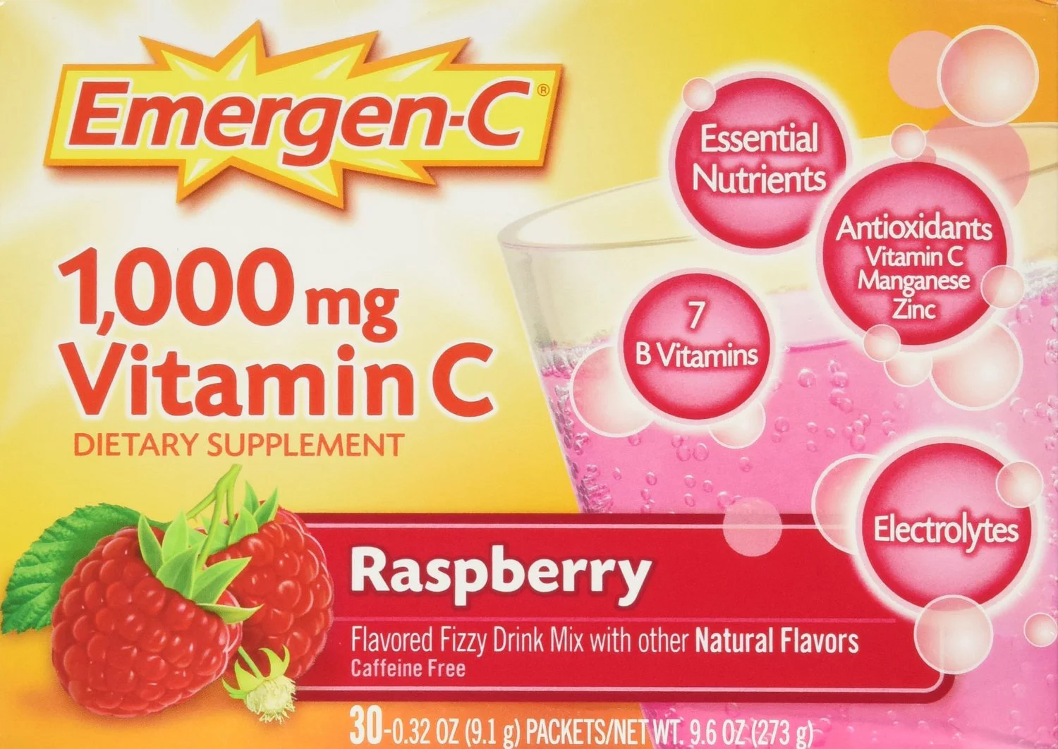 4 Pack Emergen C 1000 mg Vitamin C Flavored Fizzy Drink 30 Pack Raspberry 30 ea