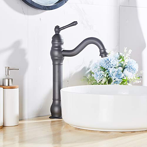 GGStudy 360° Swivel Antique Brass Bathroom Vessel Sink Faucet Single Handle One Hole Matching with Pop Up Drain