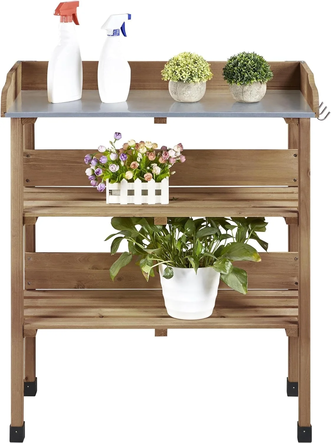 Outdoor Garden Potting Bench Table Wooden Horticulture Planting Worstation w/Metal Tabletop/Storage Shelf/3 Hooks, Brown
