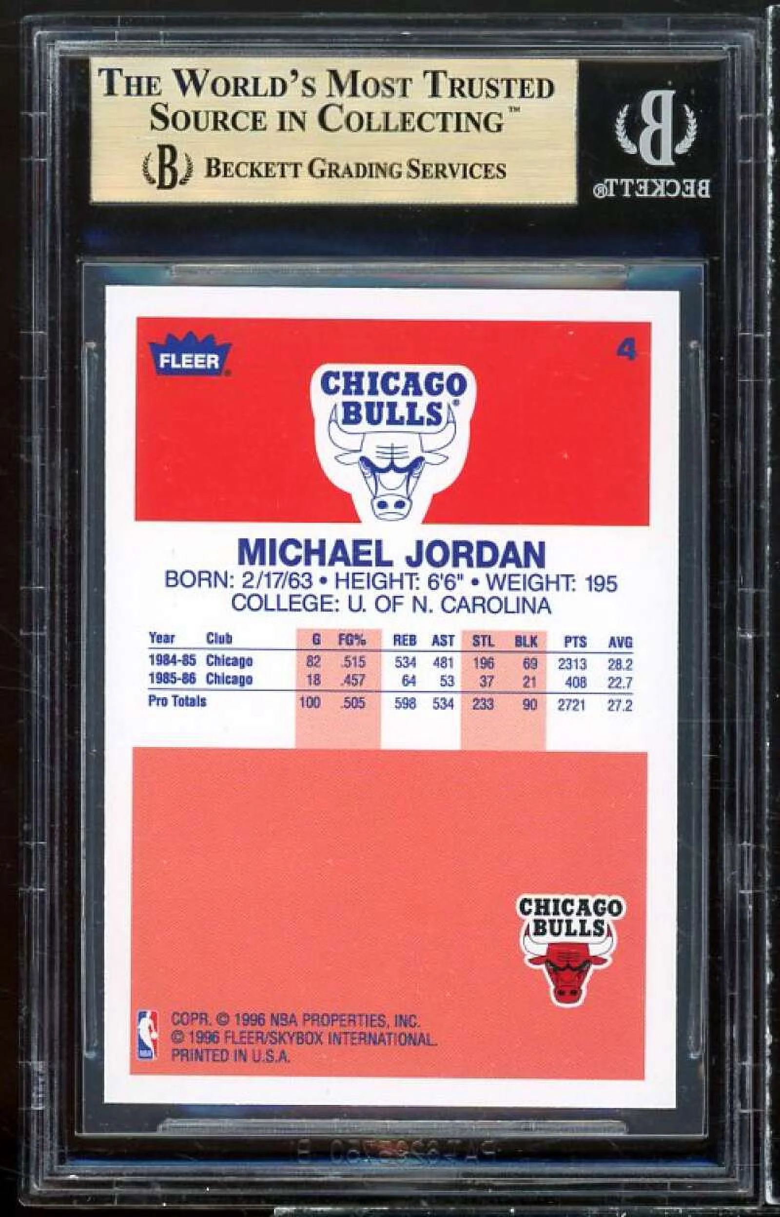 Michael Jordan Card 1996-97 Fleer Decade Of Excellence #4 BGS 9.5