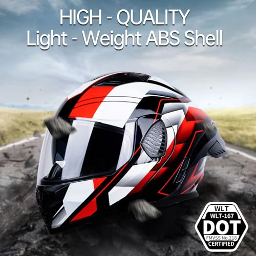 Full Face Modular Motorcycle Helmets Dual Visor Flip up DOT Approved Racing Street Bike Motocross Helmet for Adults (Black/Red White, Medium)