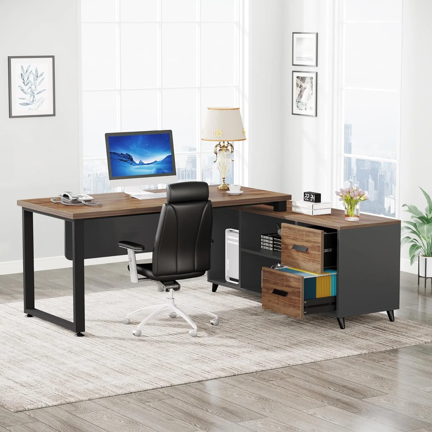 L Shaped Desk with File Drawer, 55 Inch Executive Office Desk with File Cabinet Storage Shelves