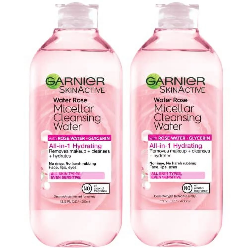 Garnier SkinActive Micellar Water with Rose Water and Glycerin, Facial Cleanser & Makeup Remover, All-in-1 Hydrating, 13.5 fl. oz, 2 count (Packaging May Vary)