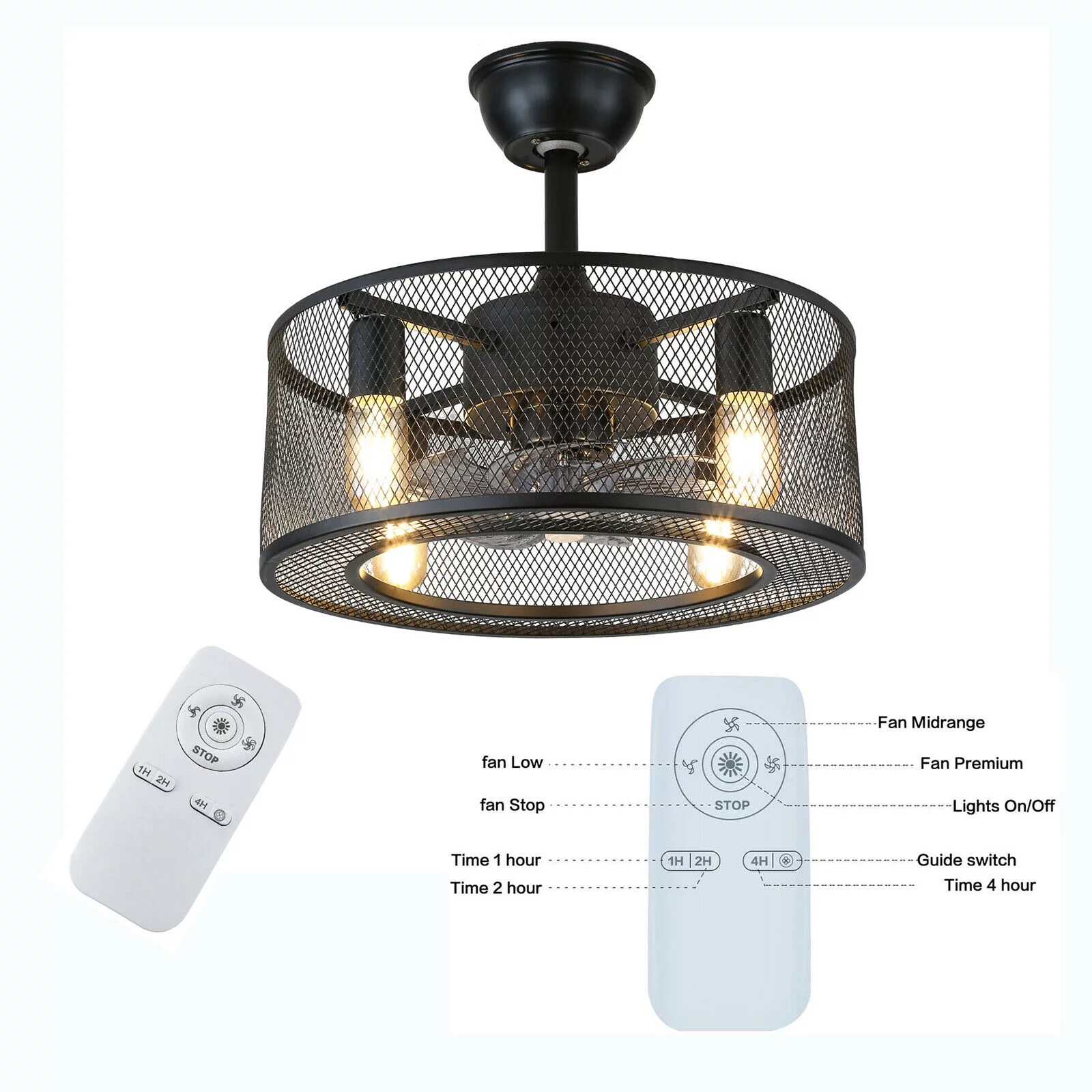 CNCEST Ceiling Fan Light 18In Caged 3 Speeds Industrial Ceiling Fan Lights with Remote