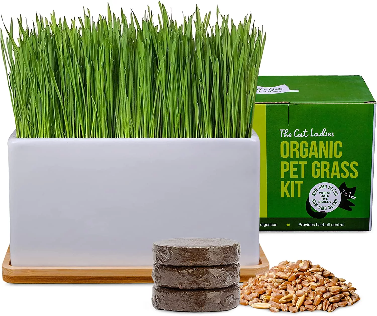 The Cat Ladies - Organic Cat Grass Growing Kit with Organic Seed Mix, Soil and Ceramic Planter with Bamboo Tray.