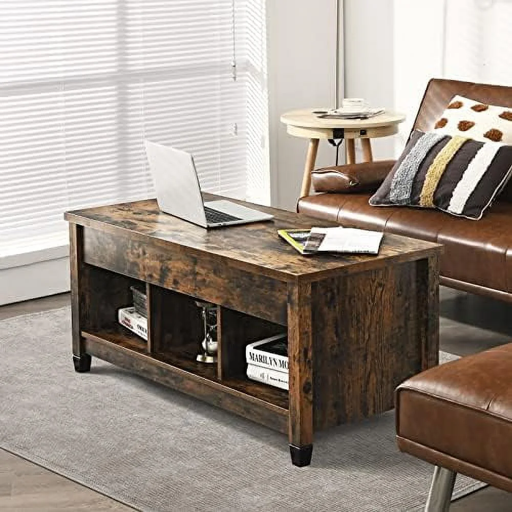 xrboomlife Lift Top Coffee Table with Hidden   Rectangular Sofa Tea Table with Solid Wood Legs  Industrial Center Table Coffee Tables for Living Room Reception Room (Rustic Brown)