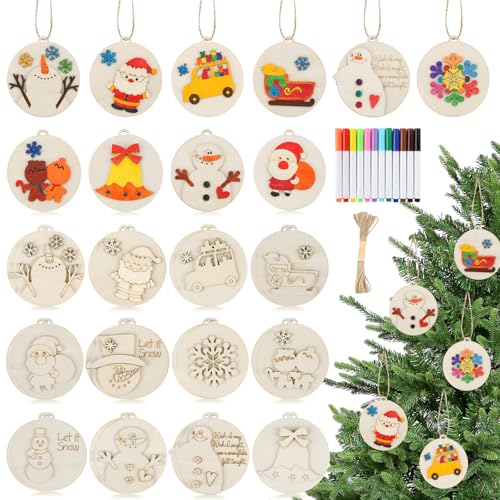 Christmas Crafts for Kids, 24 Pcs DIY Wooden Christmas Ornaments Art Craft Supplies Painting Kit for Boys Girls Ages 4-8 8-12 Stocking Stuffers Party Favors Gifts Holiday Xmas Tree Hanging Decorations