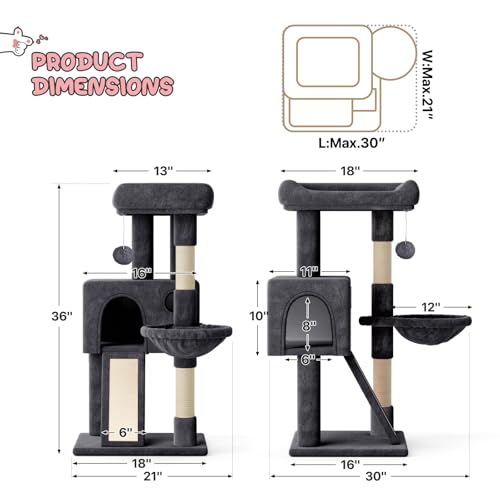 MoNiBloom Cat Tree, 36 Inch Cat Tree Tower with Cat Condo, Small Cat Tower with Scratching Post & Sisal-Covered Scratching Board, Cat Climbing Tower with Hammock, Cat Tree for Indoor Cats, Soft Pink