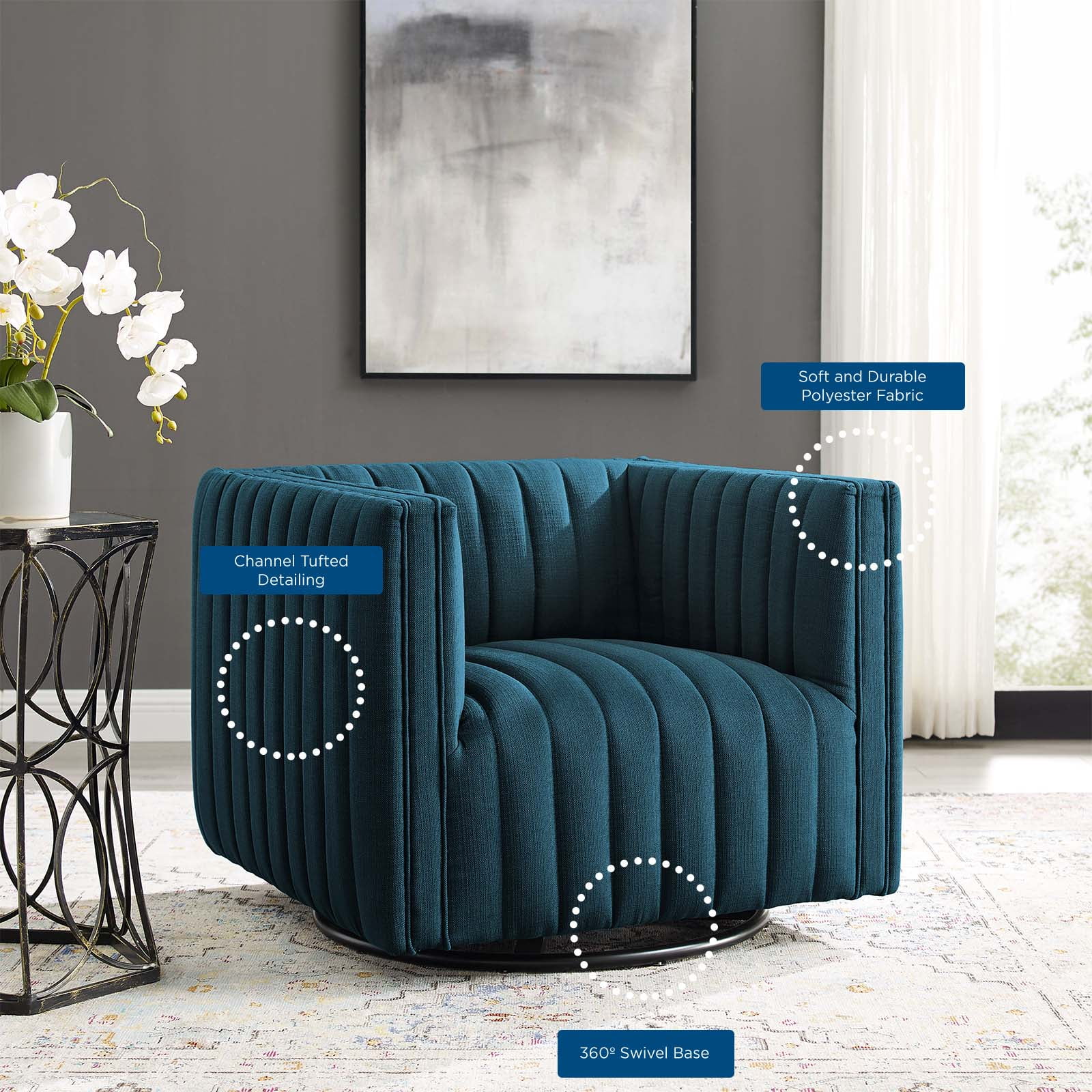 Modway Conjure Tufted Swivel Upholstered Armchair in Azure