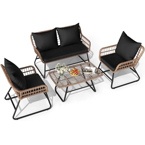 YITAHOME Outdoor Patio Conversation Set 4 Pieces, Wicker Furniture with Soft Cushion & Coffee Table, Rattan Bistro Set Patio Set Chairs with Side Table for Backyard, Balcony, Deck, Black