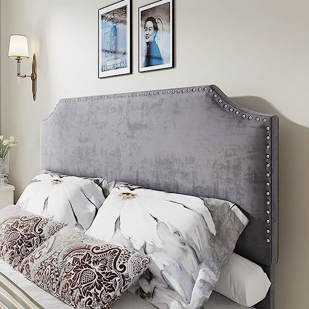 AMERLIFE King Size Bed Frame with 4 Storage Drawers and Headboard, King Velvet Upholstered Platform Bed with Rivet Curved Adjustable Headboard/Strong Wooden Slats/Easy Assembly/Grey, 9BBF