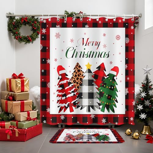 4Pcs Christmas Shower Curtain Set - Merry Christmas Bathroom Set Holiday Shower Curtain with Non-Slip Rugs, Toilet Lid Cover and Bath Mat