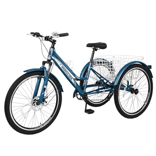 Adult Mountain Bike, 7 Speed Three Wheel Bike Mountain Tricycle Cruiser Trike, 24/26/27.5 Inch Adults Trikes with Shopping Basket, Exercise Men's Women's Tricycles