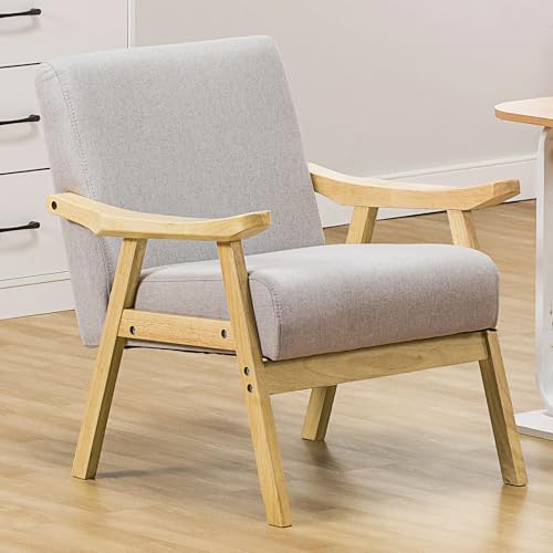 COMHOMA Mid Century Accent Chair, Modern Upholstered Living Room Chairs with Solid Wood Armrest, Comfy Reading Armchair for Bedroom, Sunroom, Balcony (Curved Armrests, White)