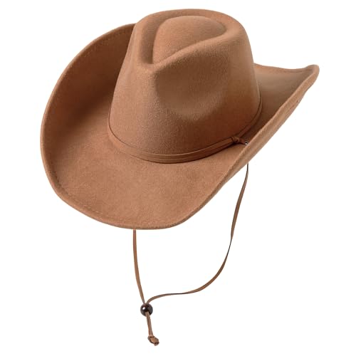 Lanzom Women Men Retro Felt Wide Brim Western Cowboy Cowgirl Hat Dress Up Hat with Wind Lanyard