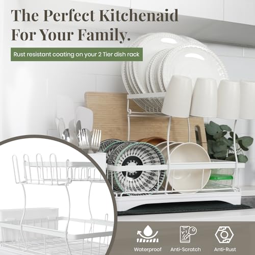 White 2-Tier Dish Drying Rack with Drainboard - Metal Iron Rust Resistant Dish Rack - Large Capacity Utensil Holders and Cutting Board Rack - Perfect for Dish Holder, Kitchen Decor