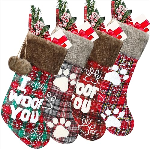 Skylety 2 Pieces Christmas Pet Dog Stocking 20 Inch Buffalo Plaid Christmas Stockings Plush Faux Fur Cuff Christmas Hanging Ornament with Letter and Dog Paw for Xmas Decoration (Black Red)