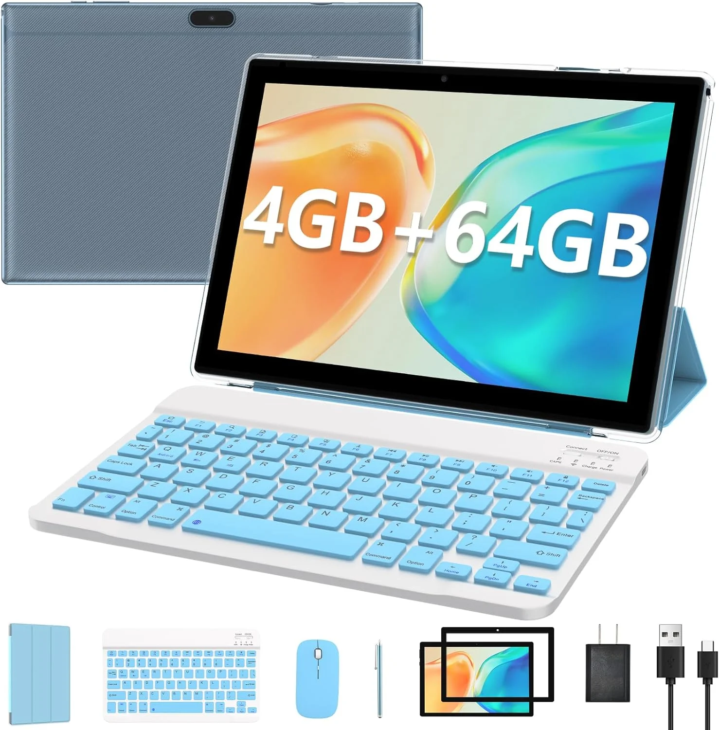 Tablet with Keyboard, 10.1 inch Android 12 Tablet PC, 2024 Newest 4GB+64GB Storage Quad-core Processor, 8MP Dual Camera, 6000mAh, WiFi, GPS, Bluetooth, 512GB Expandable, 1280x800 IPS Full HD Display