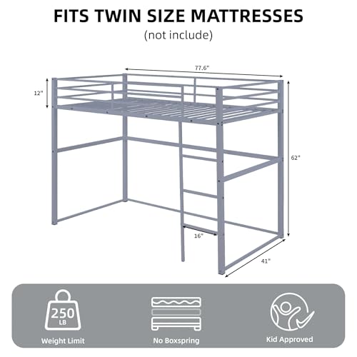 FLEXISPOT Twin Metal Loft Bed with Safety Guard Rails, Flat Ladder, Metal Slats, Heavy Duty Construction, Space-Saving, Noise-Free, No Box Spring Needed – Perfect for Bedrooms & Dorms,White